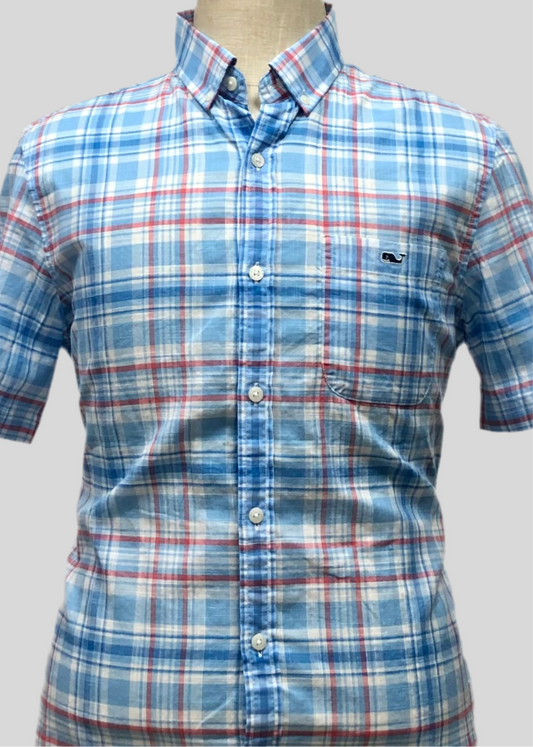 Camisa Vineyard Vines 🐳 con patrón de cuadros tartán en color celeste, rojo y blanco Talla M Entalle Slim Fit