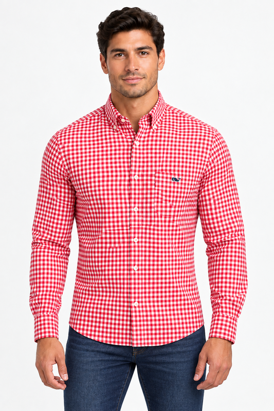 Camisa de botones Vineyard Vines 🐳 Performance de cuadros gingham en rojo y blanco Talla L Entalle Regular