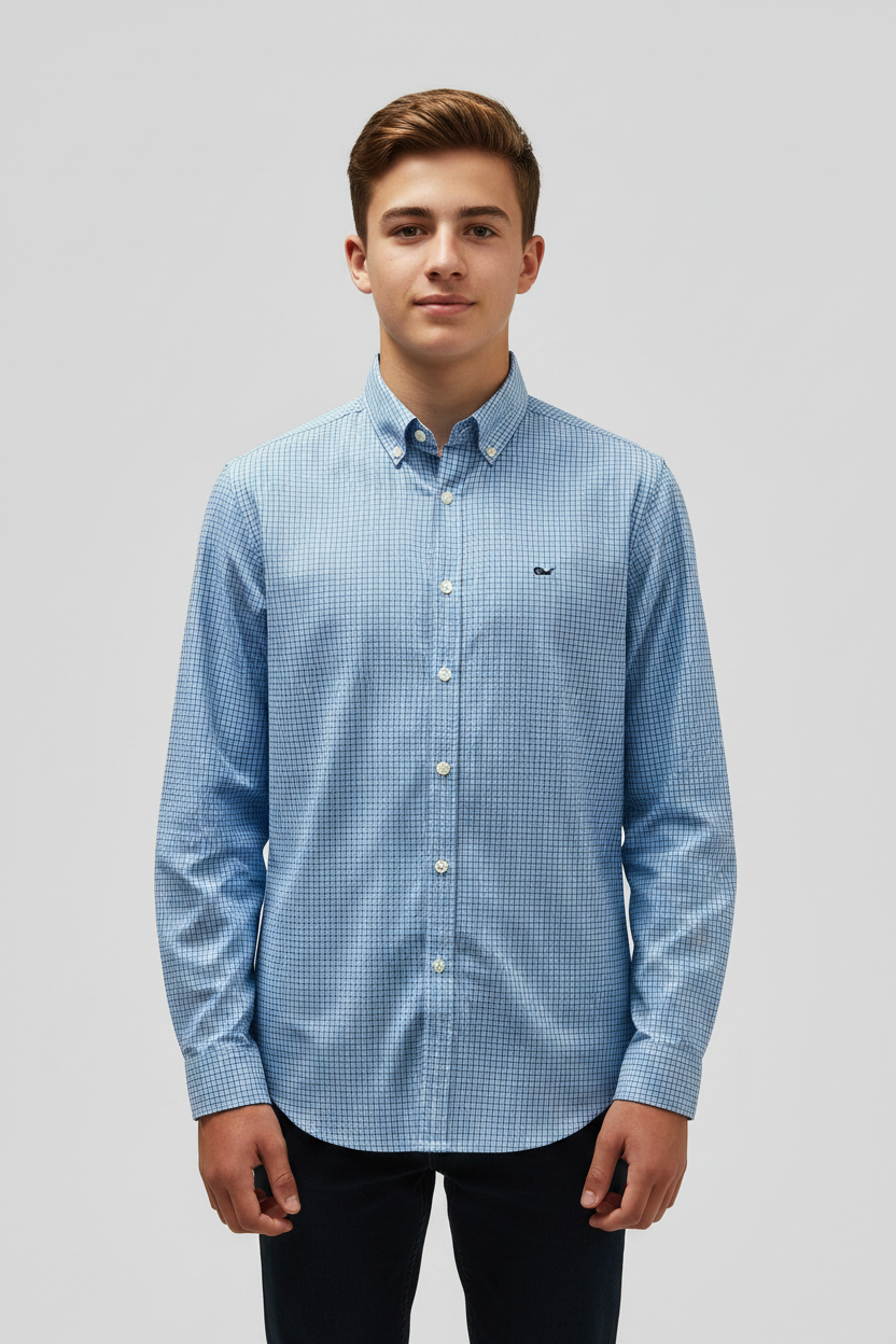 Camisa de niño Vineyard Vines 🐳 Performance de cuadros en color rosado y celeste Talla L Entalle Regular