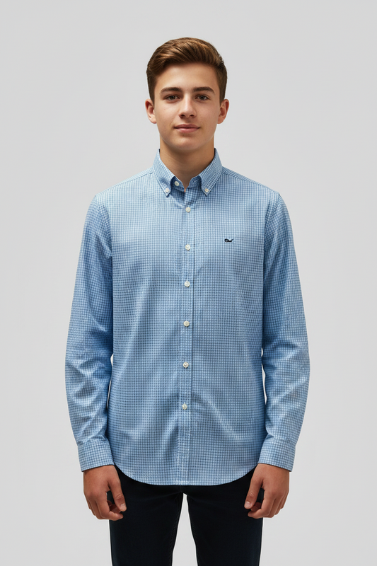 Camisa de niño Vineyard Vines 🐳 Performance de cuadros en color rosado y celeste Talla L Entalle Regular