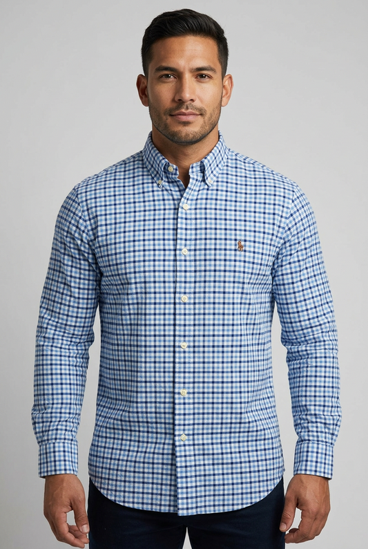 Camisa Polo Ralph Lauren 🏇🏼 Oxford color blanco con patron de cuadros azul y celeste Talla L Entalle Regular