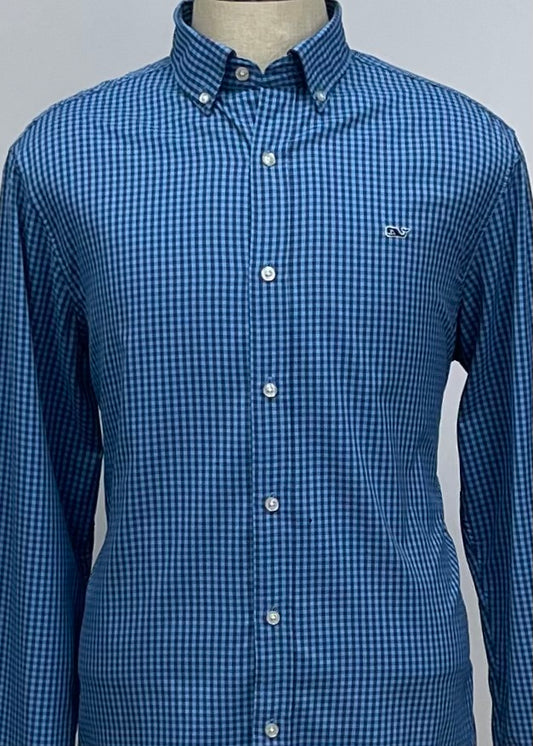 Camisa de botones Vineyard Vines 🐳 Performance de cuadros gingham en color celeste y azul navy Talla L Entalle Regular