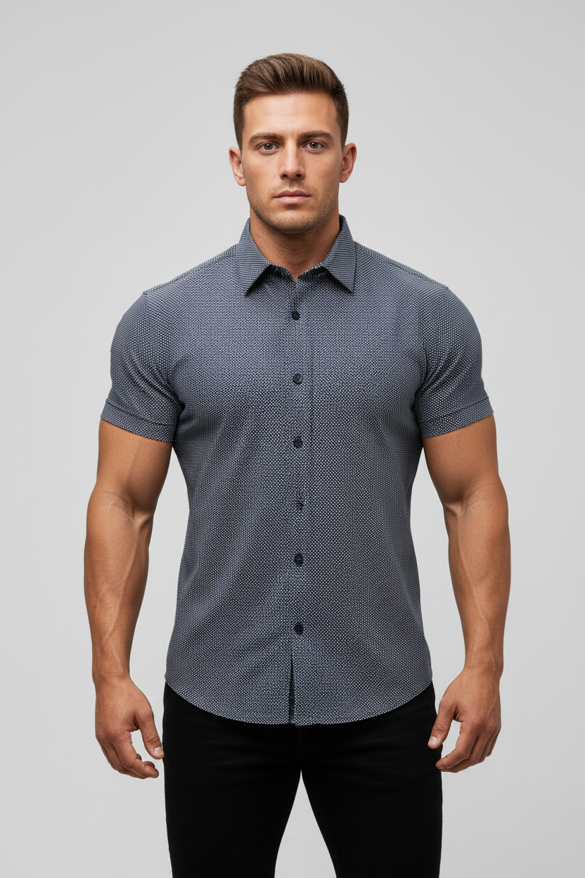 Camisa de botones Michael Kors 🇺🇸 Color azul navy con diseño tríptico en blanco Talla L Entalle Clásico