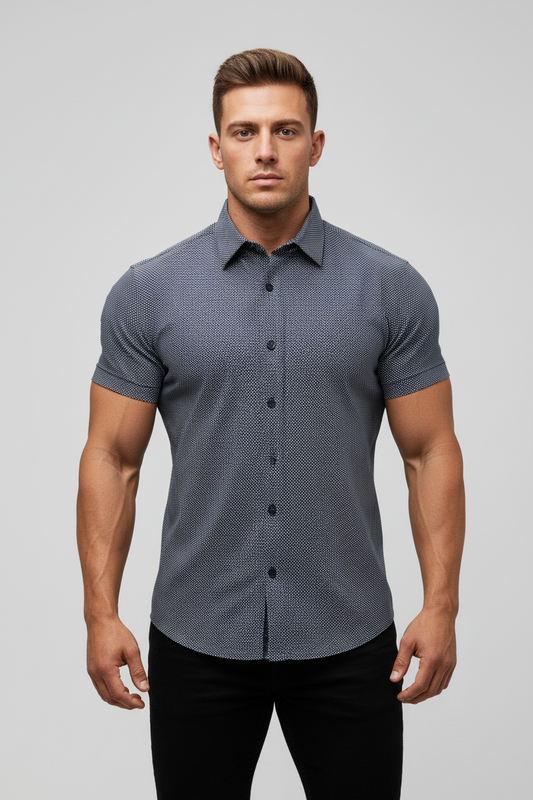 Camisa de botones Michael Kors 🇺🇸 Color azul navy con diseño tríptico en blanco Talla L Entalle Clásico