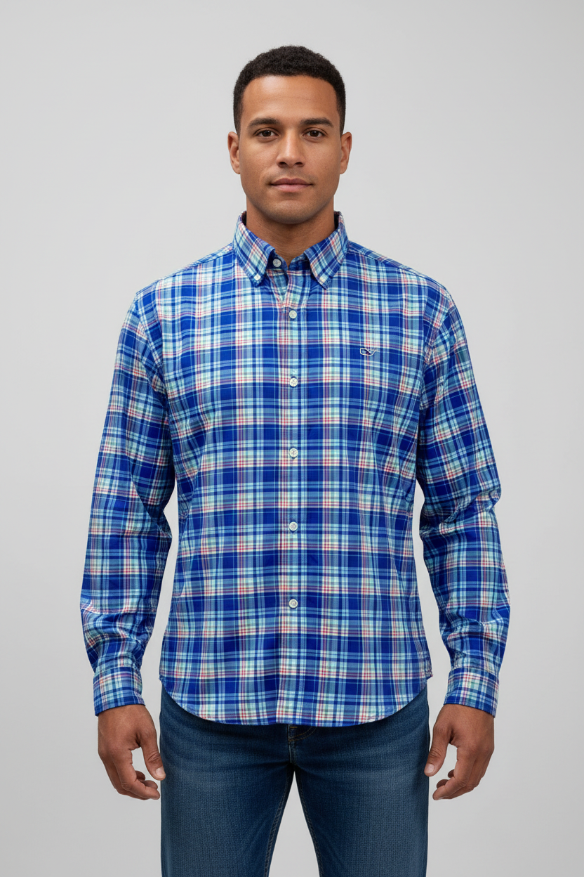 Camisa de botones Vineyard Vines 🐳 Performance de cuadros en color azul, verde, rojo y blanco Talla XL Entalle Regular