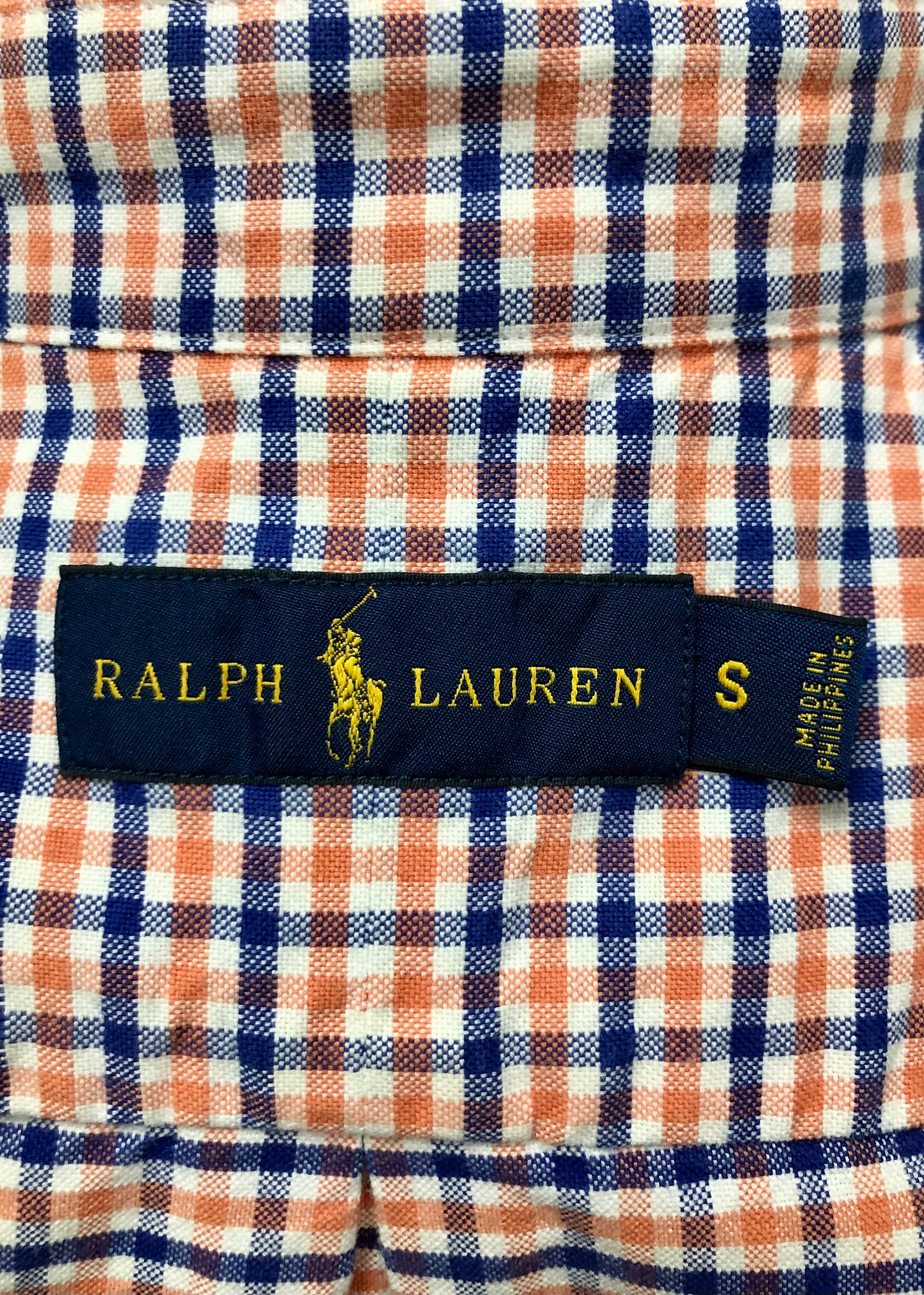 Camisa Polo Ralph Lauren 🏇🏼 Color blanco con patron de cuadros azul y naranja Talla S Entalle Regular