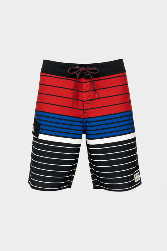 Short de baño QuickSilver 🏄🏽‍♂️ con patrón de rayas en color rojo, azul y negro Talla Medium (31)