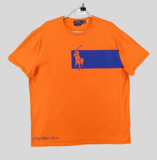 Camiseta cuello redondo Polo Ralph Lauren 🏇🏼 color naranja con diseño de logo en azul Talla XL Entalle Clásico