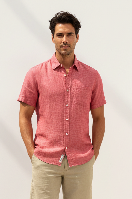 Camisa de botones Banana Republic 🇺🇸 De lino color rosado magenta manga corta Talla L Entalle Regular