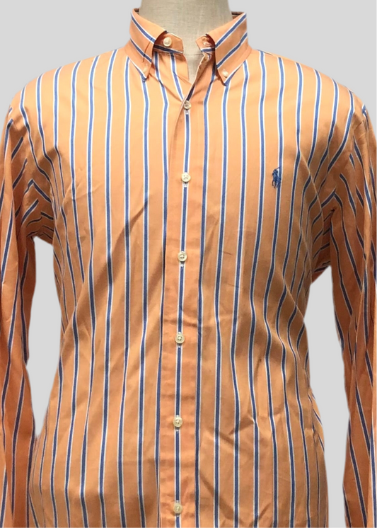 Camisa Polo Ralph Lauren 🏇🏼 color naranja claro con rayas en color azul y blanco Talla L Entalle Clásico
