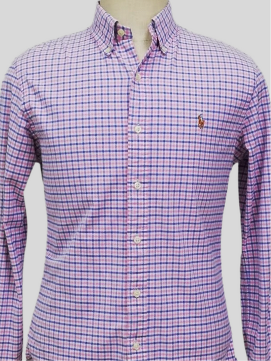 Camisa Polo Ralph Lauren 🏇🏼 Oxford color blanco con patrón de cuadros rosado y azul Talla M Entalle Slim Fit