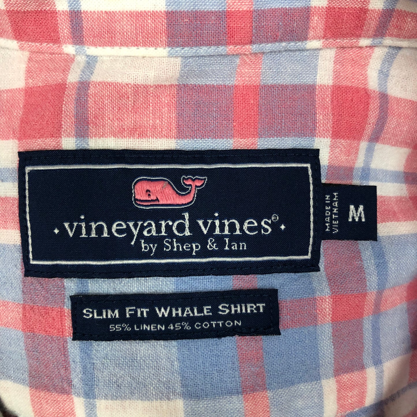 Camisa de botones Vineyard Vines 🐳 De Lino color blanco con patrón de cuadros en rosado y celeste Talla M Entalle Slim Fit