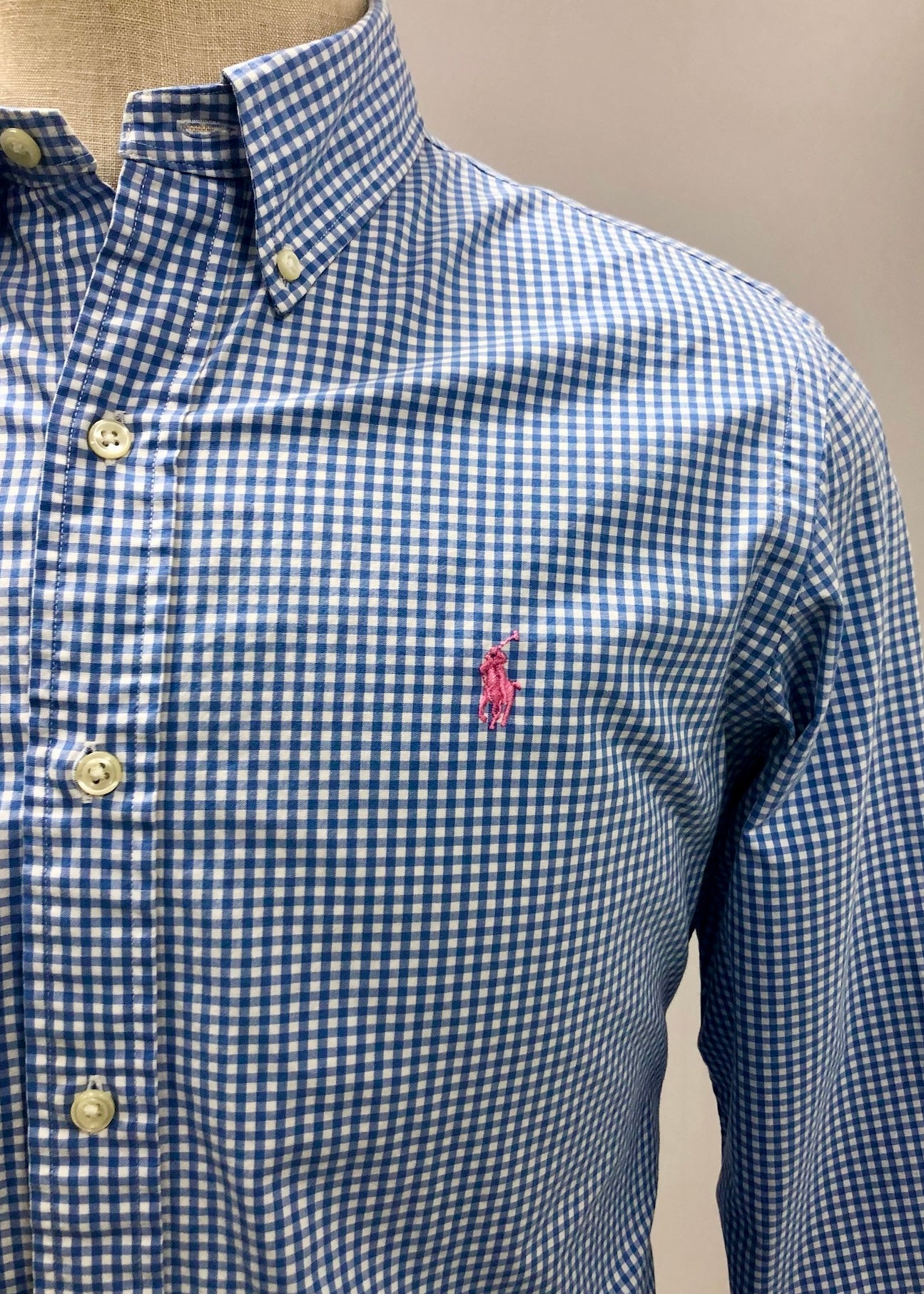 Camisa de botones Polo Ralph Lauren 🏇🏼 con patrón de cuadros gingham celeste y blanco Talla M Entalle Regular