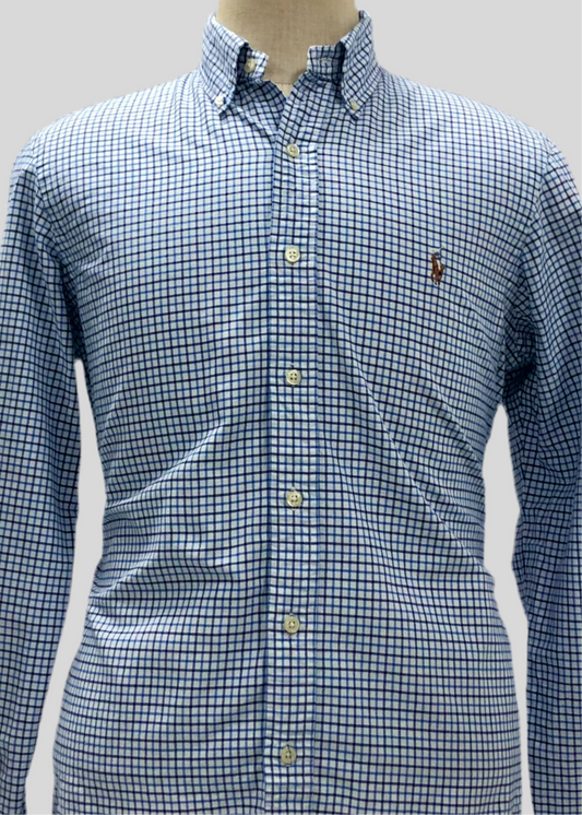 Camisa Polo Ralph Lauren 🏇🏼 Oxford color blanco con patron de cuadros en celeste y azul navy Talla M Entalle Clásico