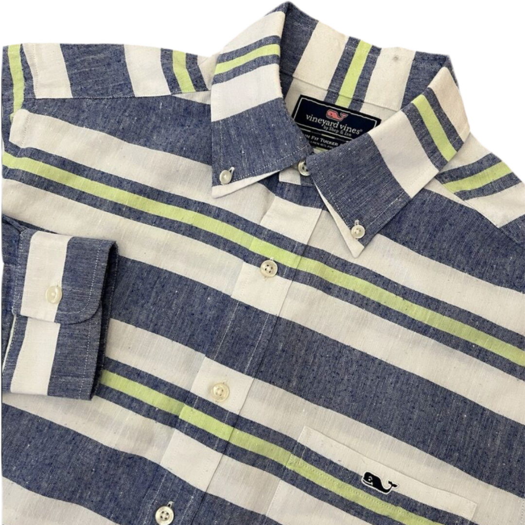 Camisa de botones Vineyard Vines 🐳 De Lino color Blanco con patrón de rayas en azul y verde Talla S Entalle Slim Fit