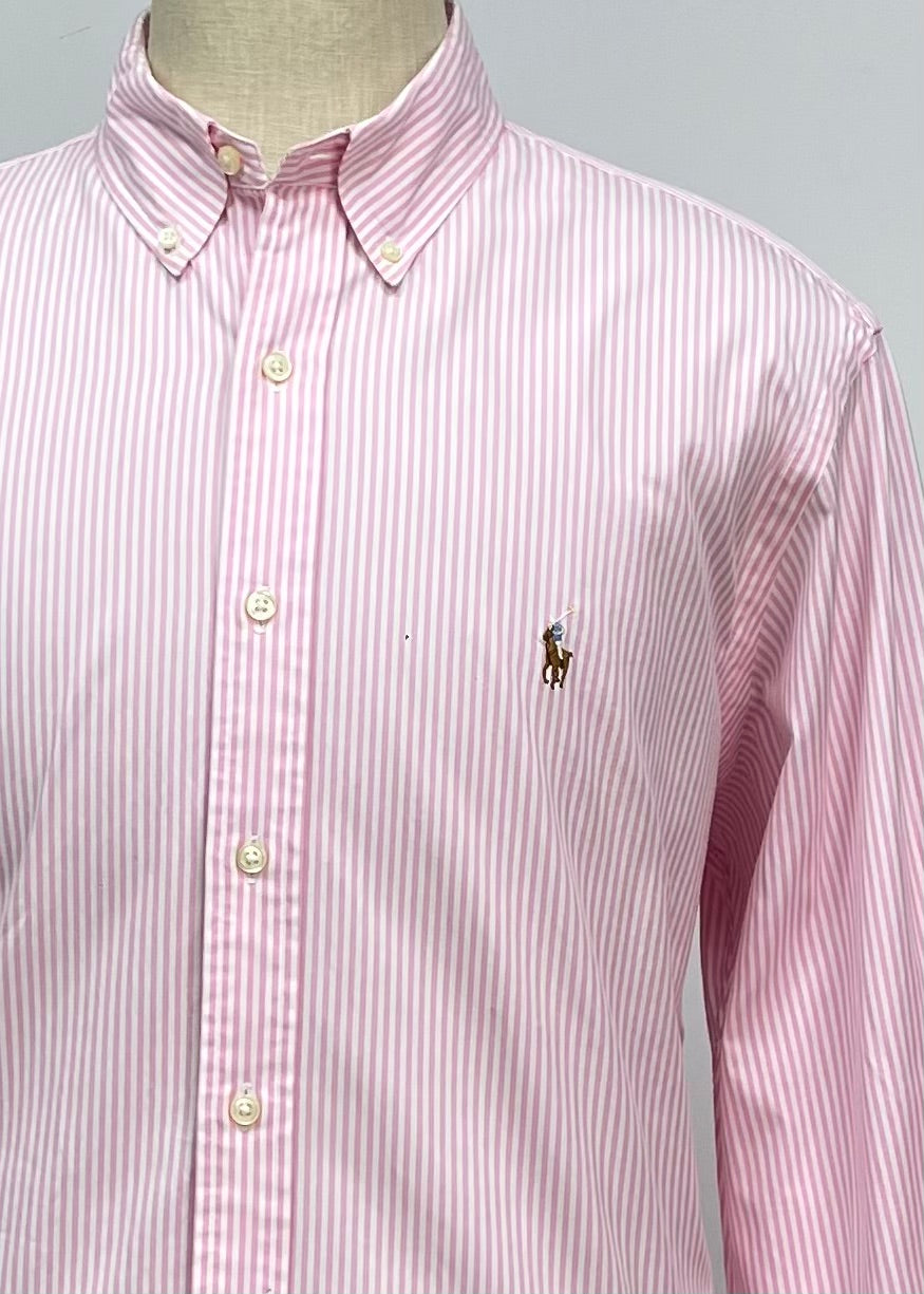 Camisa Polo Ralph Lauren 🏇🏼 con patron de rayas en color rosado y blanco Talla XL Entalle Regular