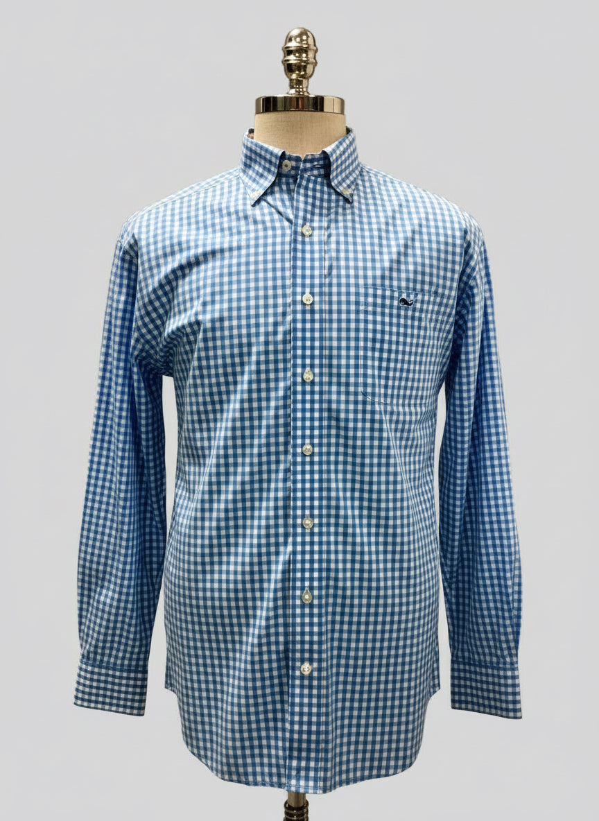 Camisa de botones Vineyard Vines 🐳 de cuadros gingham en color Azul claro y blanco Talla L Entalle Clásico