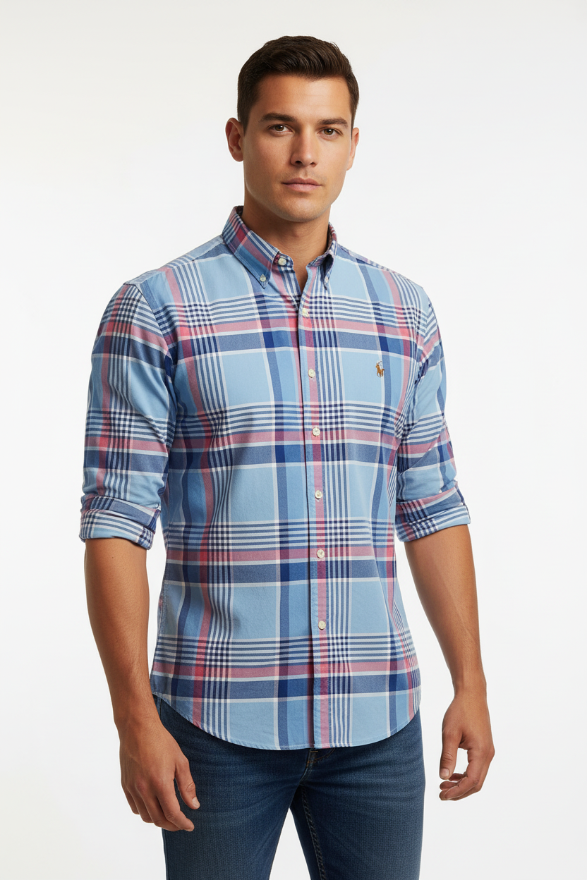 Camisa Polo Ralph Lauren 🏇🏼 Oxford con patron de cuadros tartán en color celeste, azul y rosado Talla L Entalle Regular