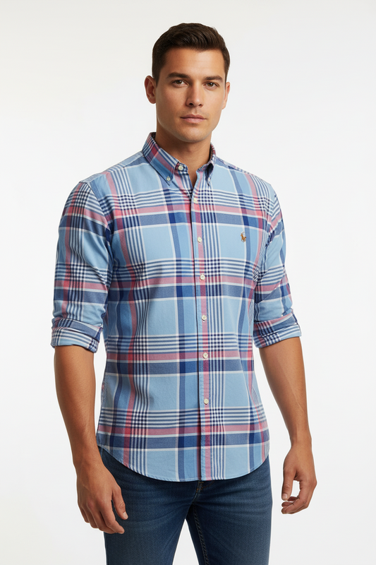 Camisa Polo Ralph Lauren 🏇🏼 Oxford con patron de cuadros tartán en color celeste, azul y rosado Talla L Entalle Regular