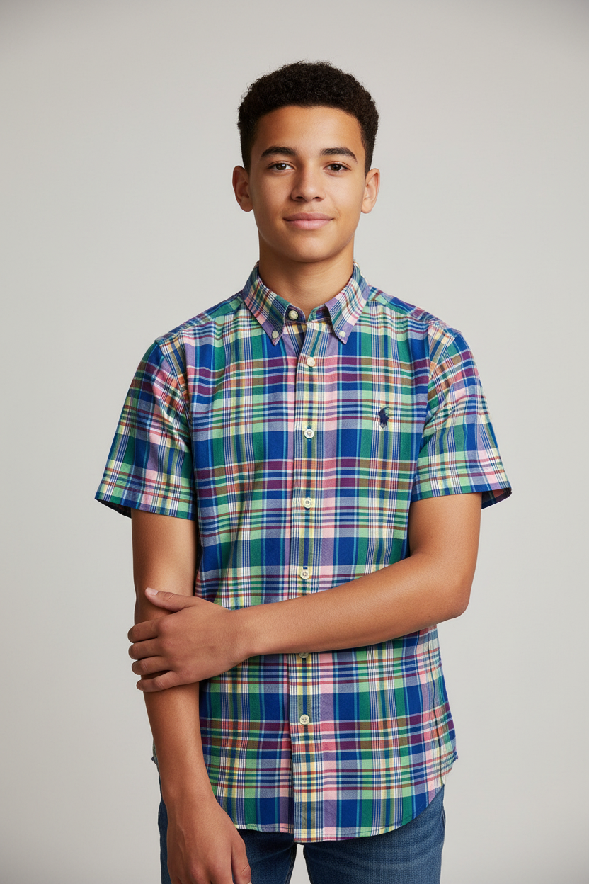 Camisa de niño Polo Ralph Lauren 🏇🏼 color blanco con patron de cuadros en celeste, aul, rojo y verde Talla L (14-16) Entalle Regular