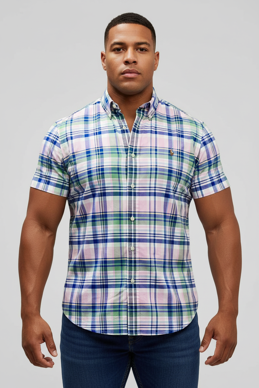 Camisa de botones Polo Ralph Lauren 🏇🏼 Oxford de cuadros tartán en color verde, rosado, azul y blanco Talla XL Entalle Clásico