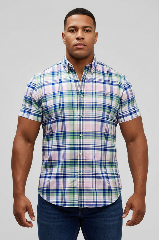 Camisa de botones Polo Ralph Lauren 🏇🏼 Oxford de cuadros tartán en color verde, rosado, azul y blanco Talla XL Entalle Clásico
