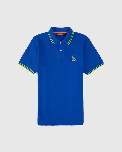 Camiseta Polo Psycho Bunny 🐰 Pique en color azul con diseño de cuello en verde intenso Talla S Entalle Regular