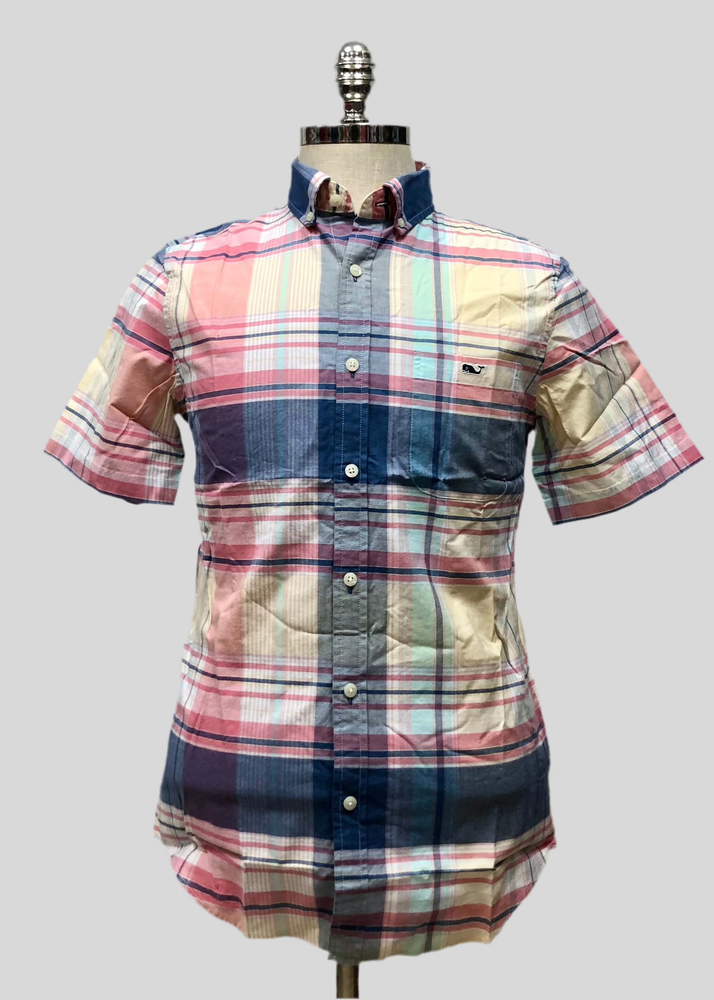 Camisa Vineyard Vines 🐳 con patrón de cuadros tartán en color amarillo, rosado y azul navy Talla S Entalle Slim Fit