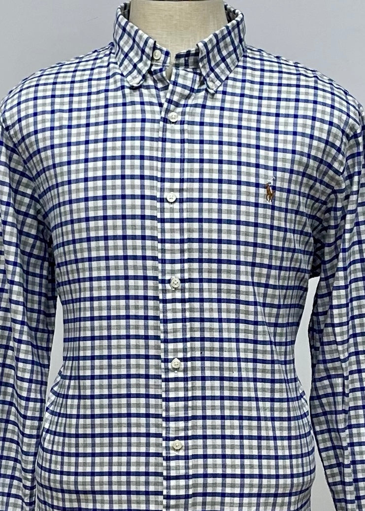 Camisa Polo Ralph Lauren 🏇🏼 Oxford color blanco con patron de cuadros en gris y azul Talla XL Entalle Clásico