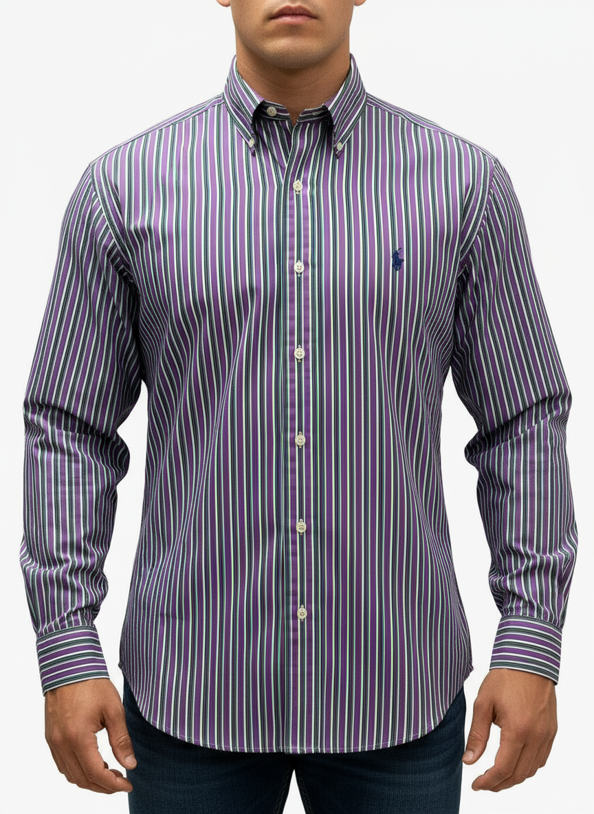 Camisa de botones Polo Ralph Lauren 🏇🏼 de rayas en color morado, verde y blanco Talla L Entalle Regular