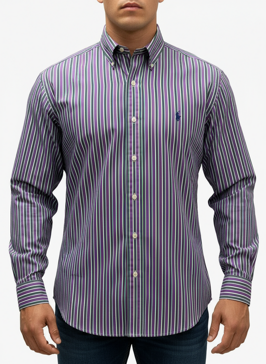Camisa de botones Polo Ralph Lauren 🏇🏼 de rayas en color morado, verde y blanco Talla L Entalle Regular