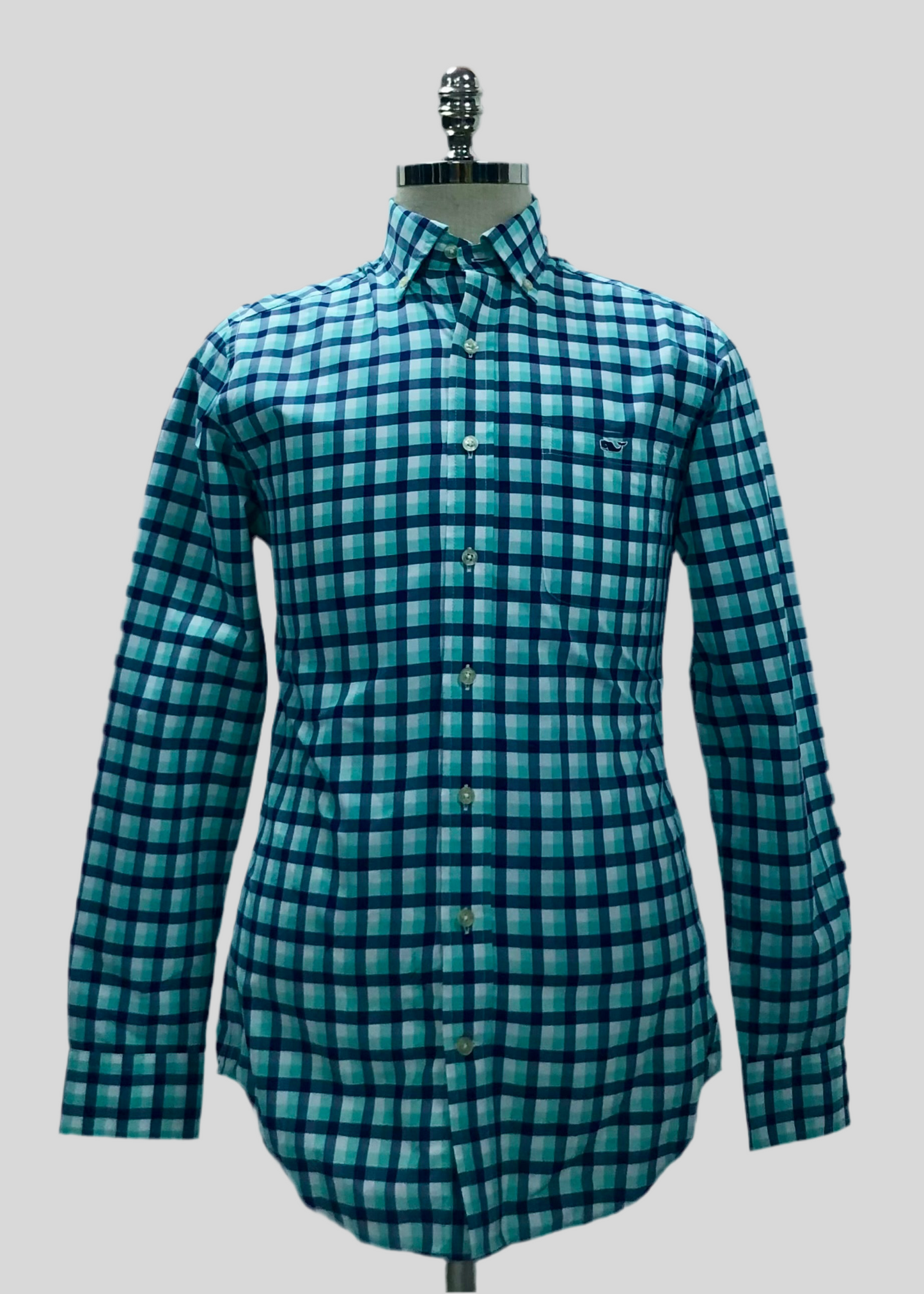 Camisa de botones Vineyard Vines 🐳 Performance con patrón de cuadros en color turquesa, celeste y blanco Talla S Entalle Slim Fit
