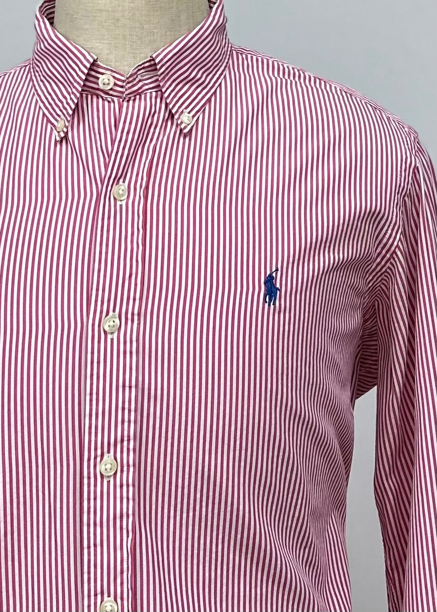 Camisa Polo Ralph Lauren 🏇🏼 con patron de rayas en color rosado y blanco Talla M Entalle Regular