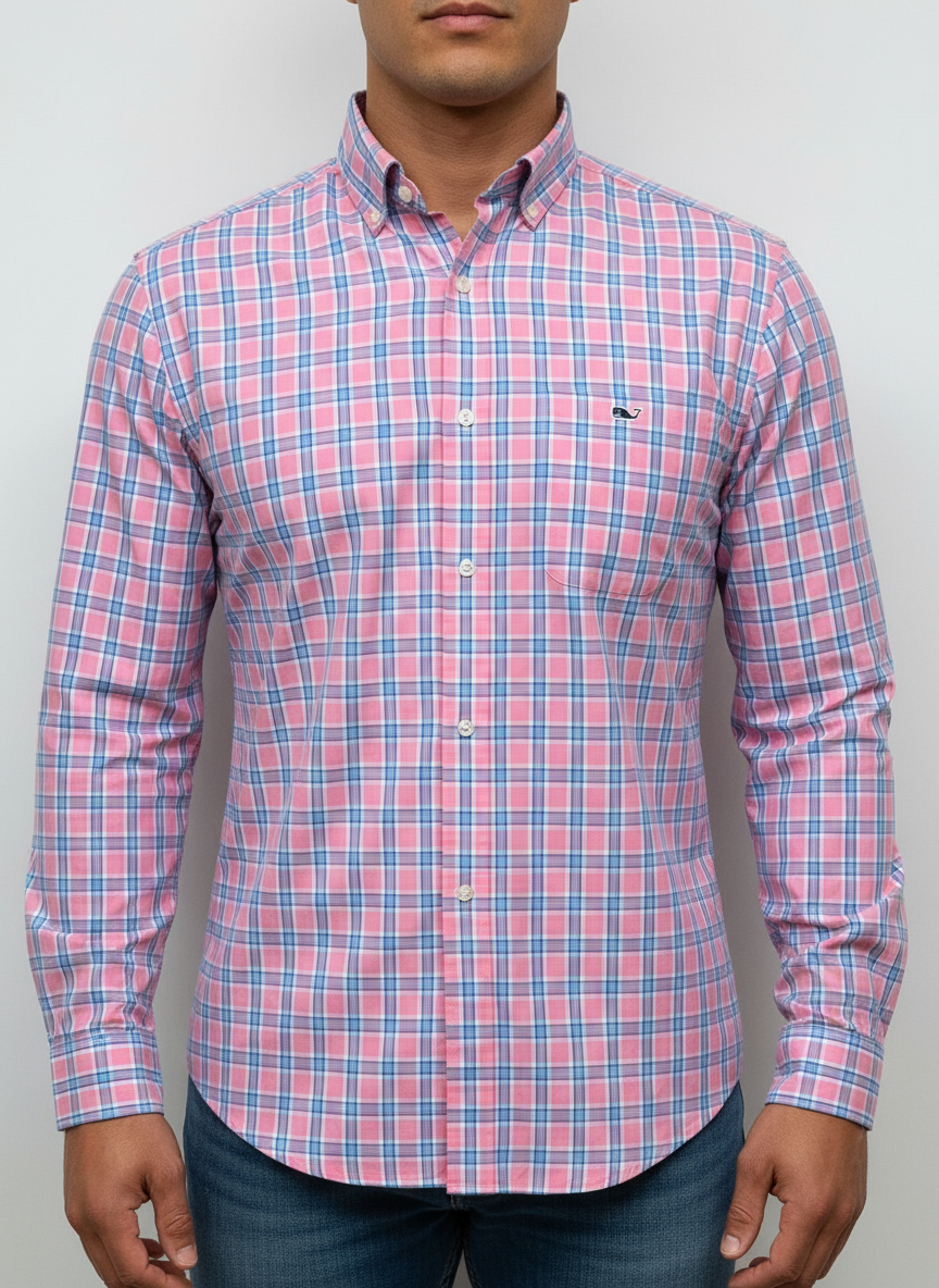 Camisa de botones Vineyard Vines 🐳 color rosado de cuadros en color azul y celeste Talla S Entalle Clásico