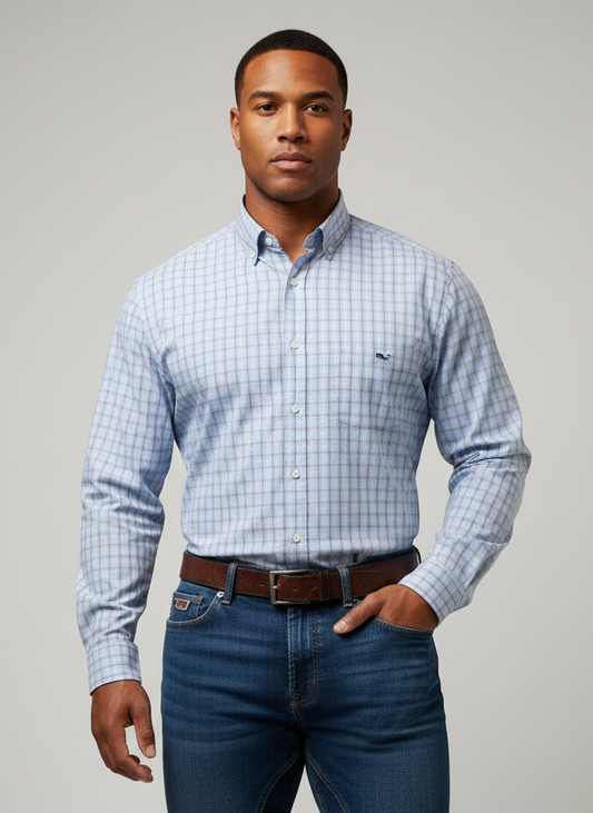 Camisa de botones Vineyard Vines 🐳 color celeste de cuadros en rojo, azul y blanco Talla M Entalle Clásico