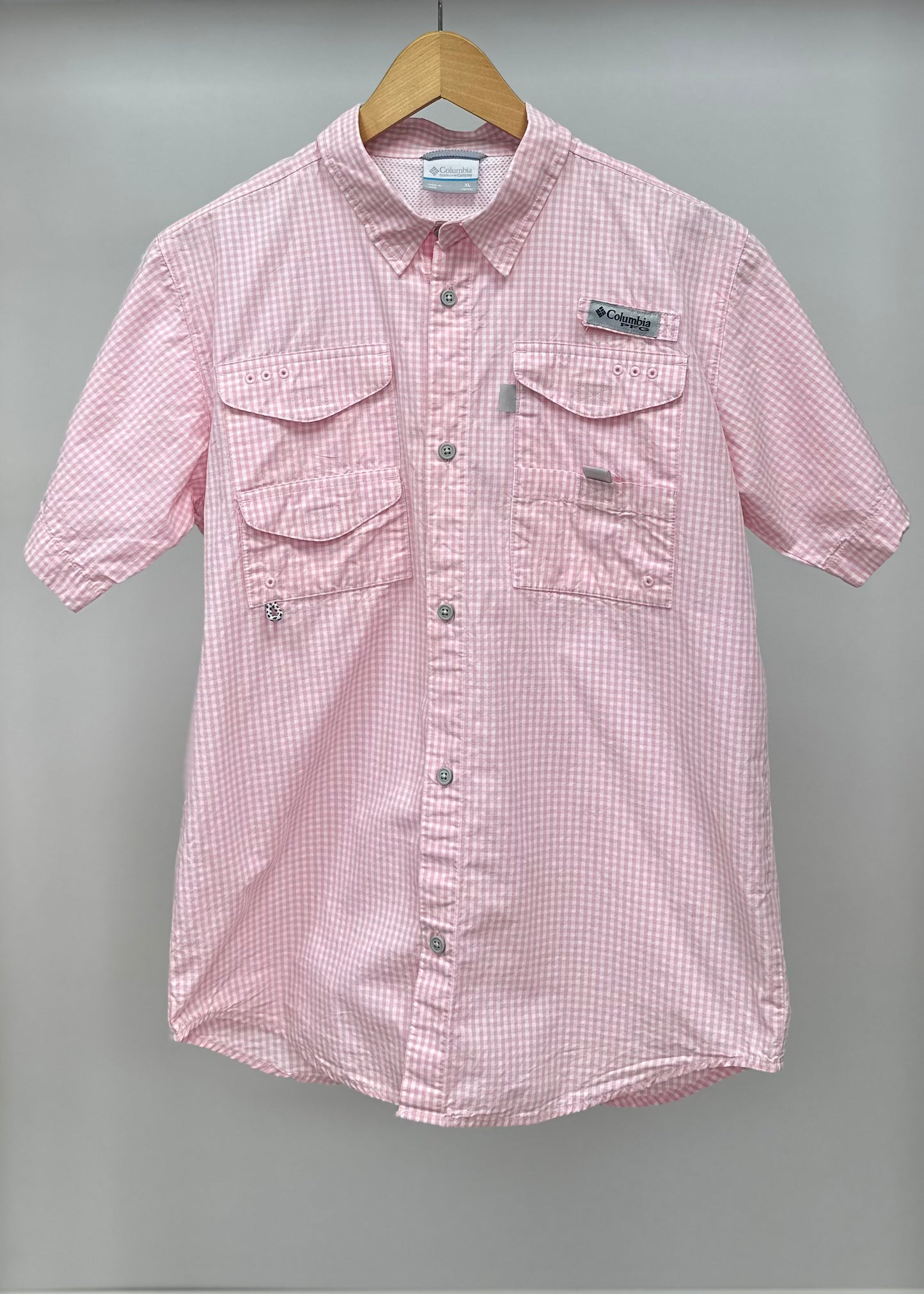 Camisa de mujer Columbia 🔹con patrón de cuadros en color rosado y blanco con Omni Shade Manga larga Talla XL