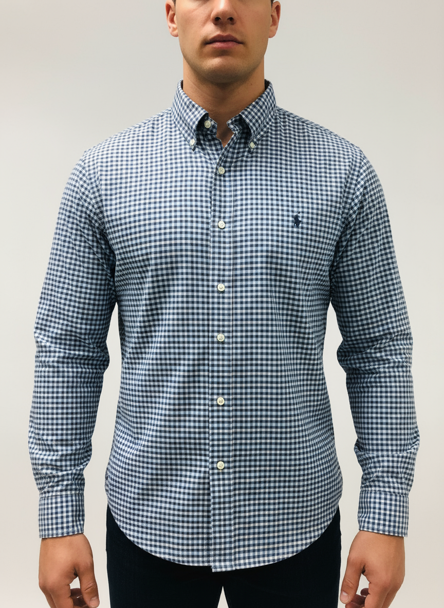 Camisa Polo Ralph Lauren 🏇🏼de cuadros tartán en color azul navy, gris y blanco Talla L Entalle Regular