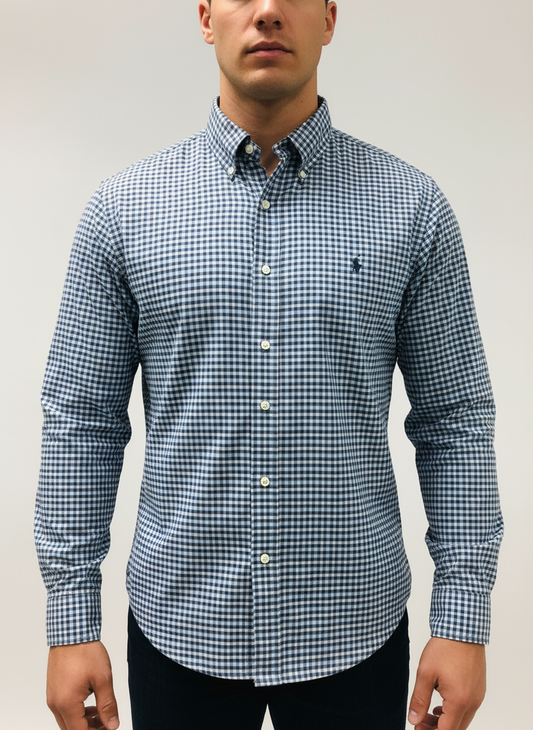 Camisa Polo Ralph Lauren 🏇🏼de cuadros tartán en color azul navy, gris y blanco Talla L Entalle Regular