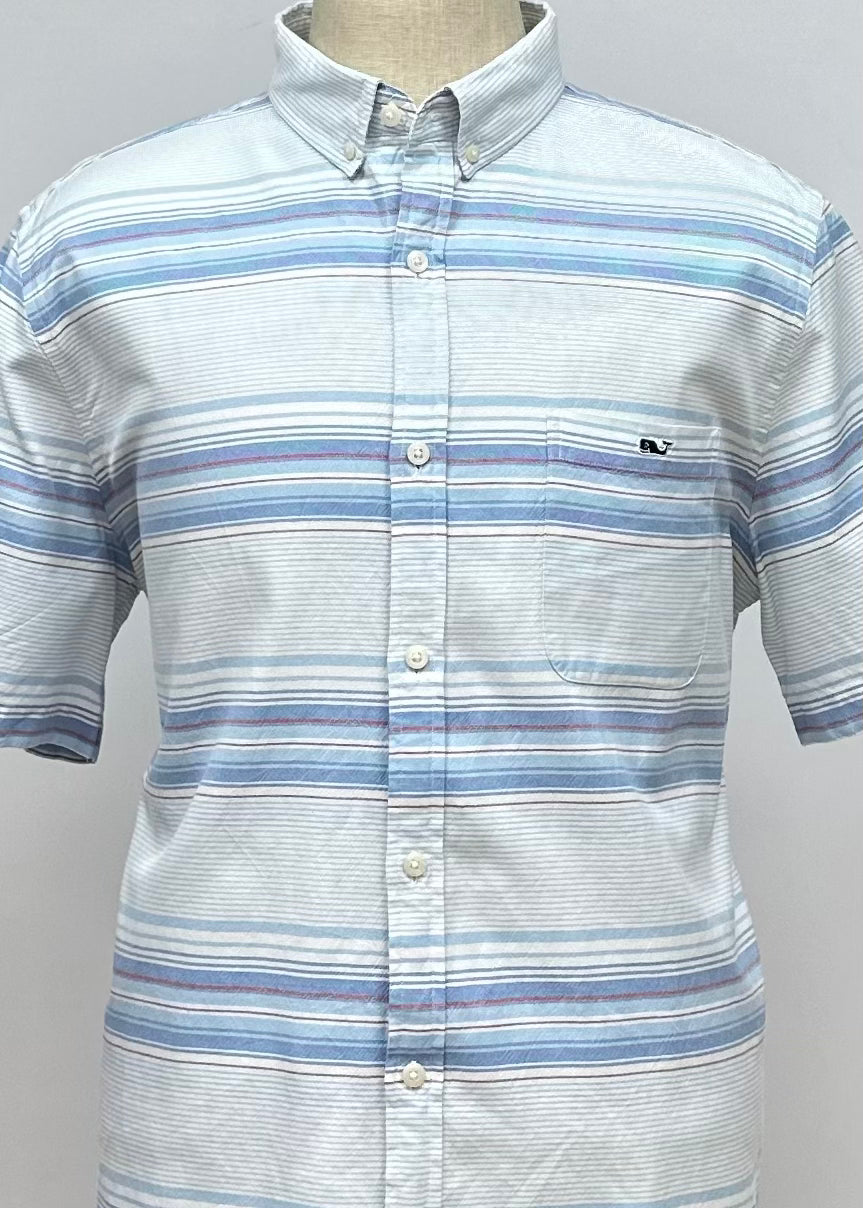 Camisa de botones Vineyard Vines 🐳 con patrón de rayas en color celeste, blanco y rojo Talla XL Entalle Slim Fit