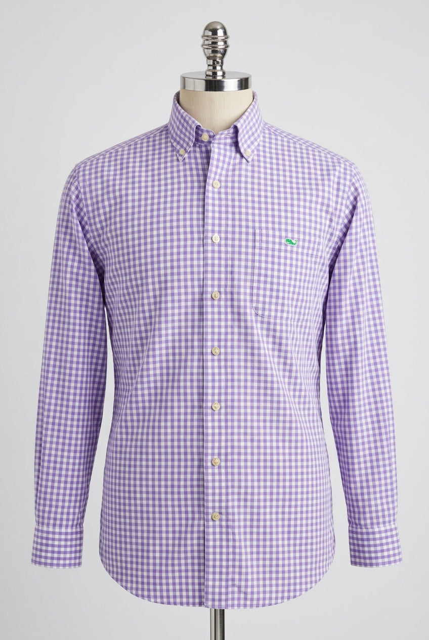 Camisa de botones Vineyard Vines 🐳 con patron cuadros gingham en color lila y blanco Talla L Entalle Regular