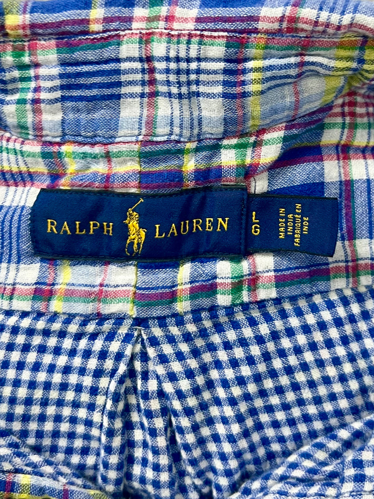 Camisa Polo Ralph Lauren 🏇🏼 Algodón doble capa de cuadros en color azul, amarillo y blanco Talla L Entalle Regular