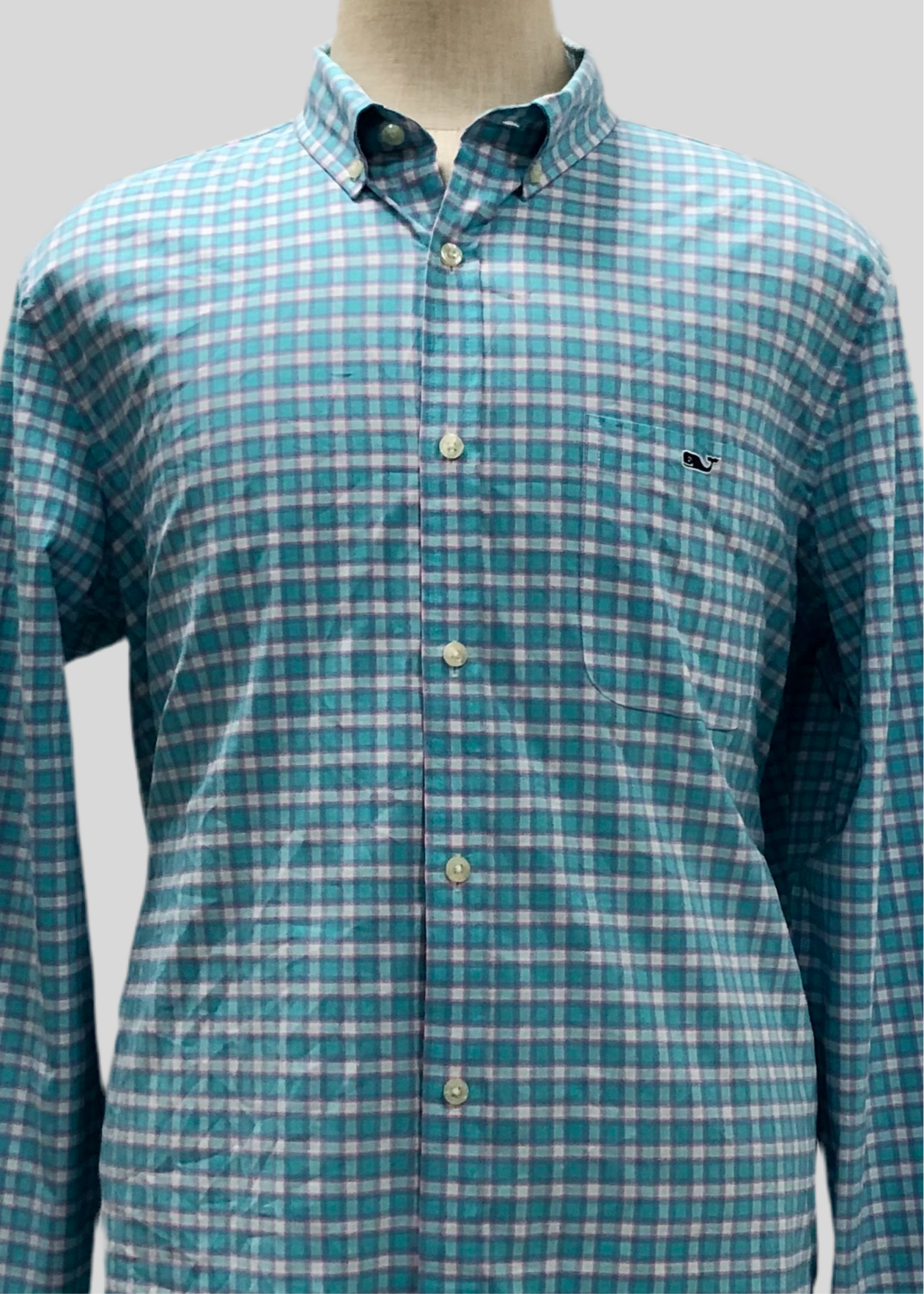 Camisa de botones Vineyard Vines 🐳 Performance con patrón de cuadros en color rosado, turquesa y blanco Talla XL Entalle Regular