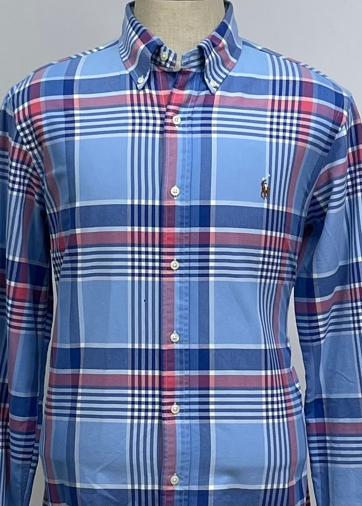 Camisa Polo Ralph Lauren 🏇🏼 Oxford con patron de cuadros tartán en color celeste, azul y rosado Talla L Entalle Regular