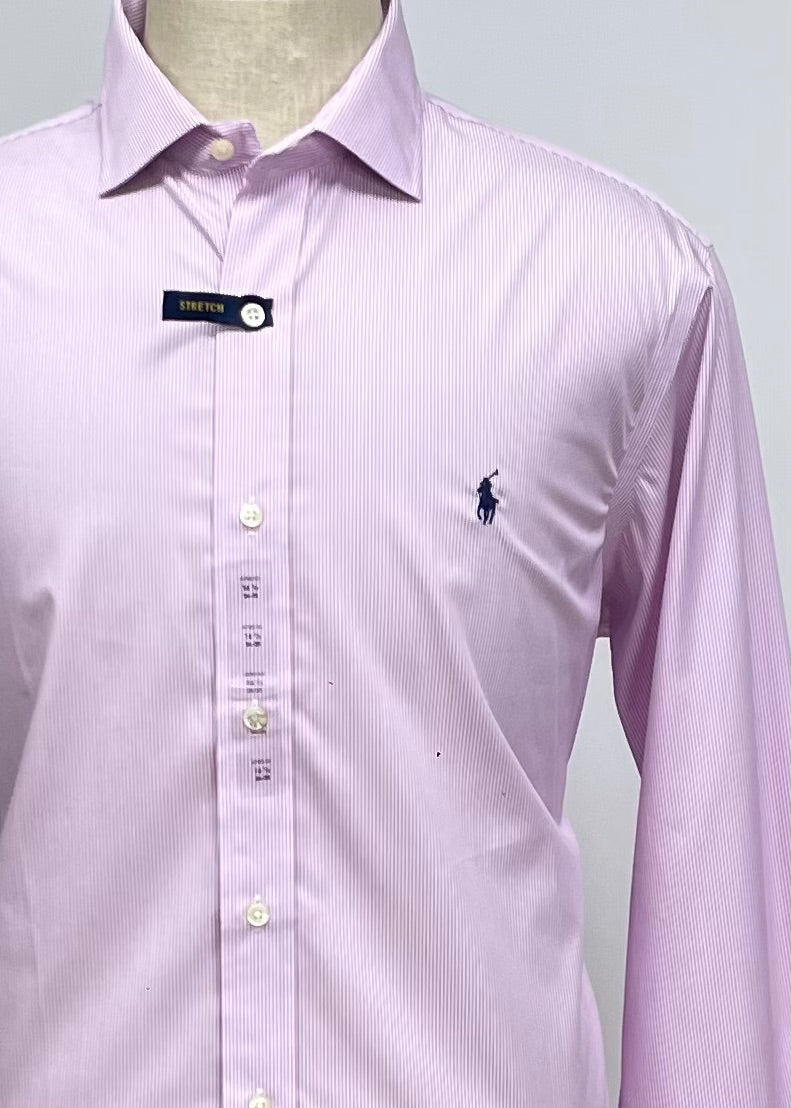 Camisa Polo Ralph Lauren 🏇🏼 color blanco con patron de rayas finas en color rosado Talla XXL Entalle Clásico