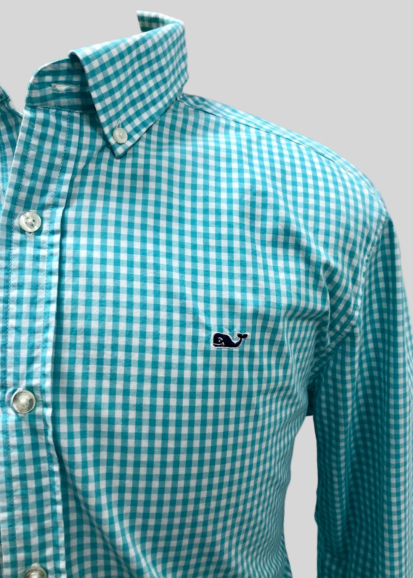 Camisa de botones Vineyard Vines 🐳 de cuadros gingham en color turquesa claro y blanco Talla L Entalle Regular