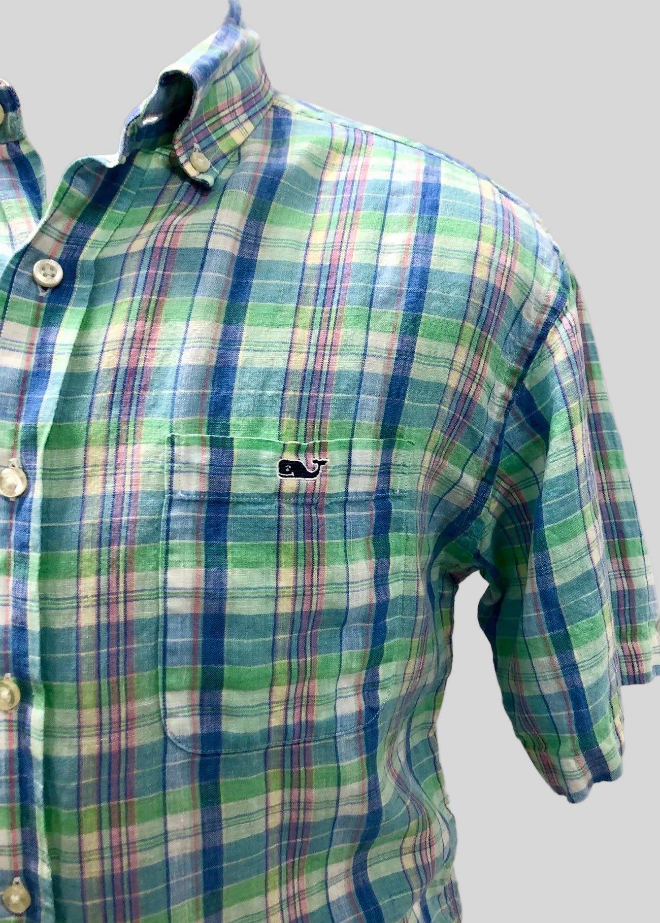 Camisa de botones Vineyard Vines 🐳 De Lino color blanco de cuadros en azul y verde Talla L Entalle Regular