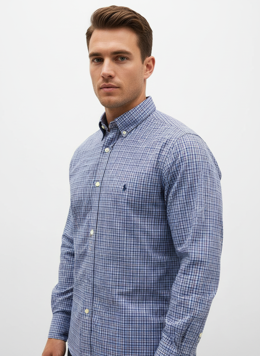 Camisa Polo Ralph Lauren 🏇🏼 de cuadros celeste, azul, morado Talla L Entalle Clásico