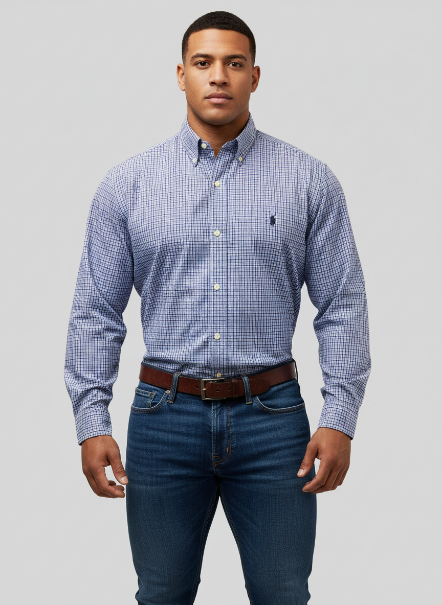 Camisa Polo Ralph Lauren 🏇🏼 de cuadros celeste, azul, morado Talla L Entalle Clásico
