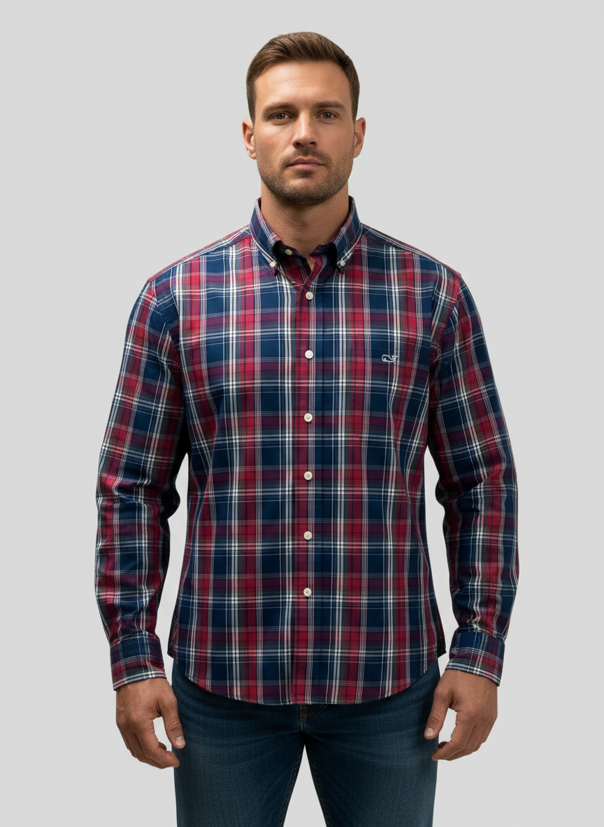 Camisa de botones Vineyard Vines 🐳 con patrón de cuadros en color rojo, azul navy y blanco Talla M Entalle Clásico
