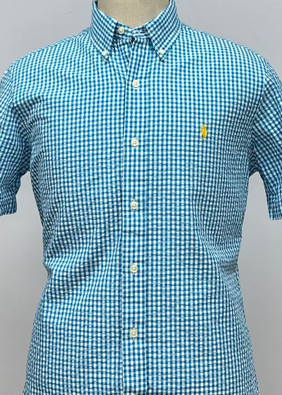 Camisa Polo Ralph Lauren 🏇🏼 Seersucker de cuadros en turquesa y blanco Talla M Entalle Regular